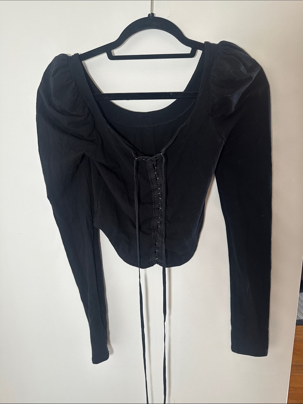 Free People Black Women's Puff-Sleeve Lace-Up Top